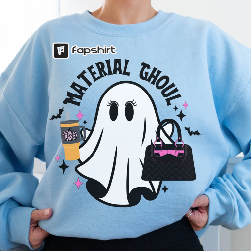 Material Ghoul Sweatshirt Funny Ghost Sweater Cute Designer Boujee Halloween Crewneck for Party Ghost Cup Trendy Preppy Fall Aesthetic