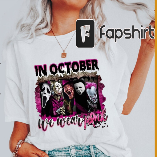 In October We Wear Pink Scary Tee – Breast Cancer Awareness T-Shirt – Halloween Pink Ribbon Shirt, Halloween Breast Cancer Awareness