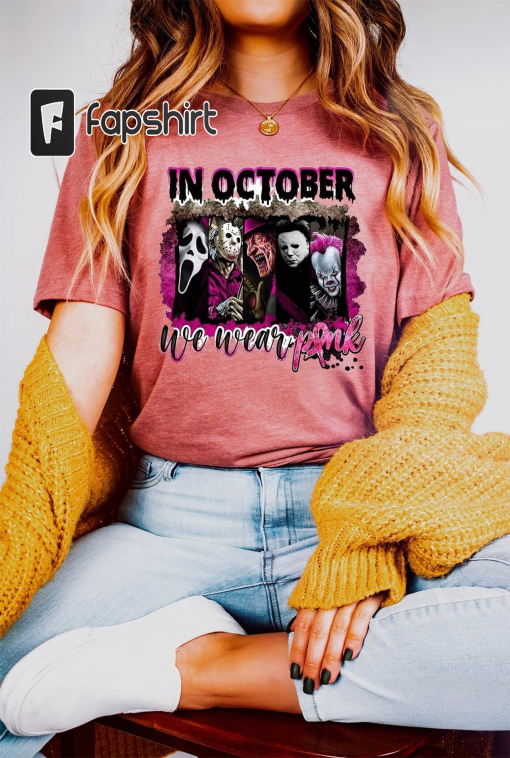 In October We Wear Pink Scary Tee – Breast Cancer Awareness T-Shirt – Halloween Pink Ribbon Shirt, Halloween Breast Cancer Awareness