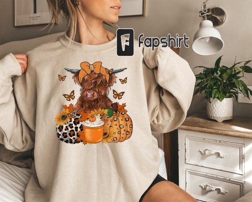 Highland Cow Fall Sweatshirt, Fall Heifer Shirt, Highland Cow Shirt, Fall Sweater, Fall Vibes Shirt, Fall Season Gifts, Pumpkin Cow Shirt