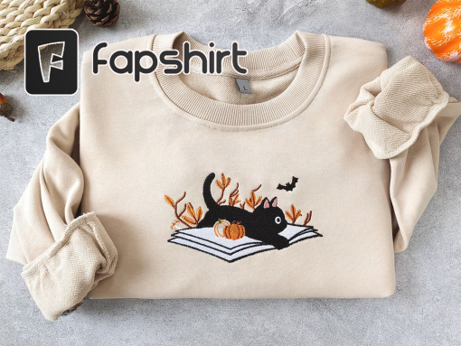 Halloween Sweatshirt, Fall sweatshirt, EmbroideredHalloween Cat Shirt,Cat sweater,Black Cat Shirt,Book Crewneck,Fall Clothing