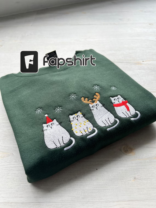 Christmas Cat Embroidery Sweatshirt, Meowy Christmas Sweater, Happy Cat Sweatshirt, Gift Idea for Cat Lovers