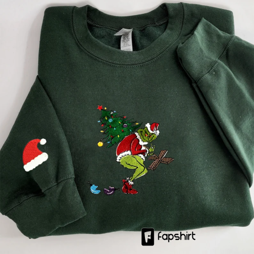 Grinch Embroidered Sweatshirt, Christmas Embroidery Sweatshirt, Christmas Crewneck, Cute Sleeve, Christmas Sweatshirt For Women