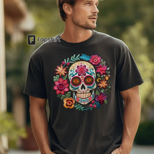 Comfort Colors® Dia De Los Muertos Shirt, Day Of The Dead Faux Embroidery Tshirt, Sugar Skull, Costume, Mexican, Floral, Vintage, Halloween