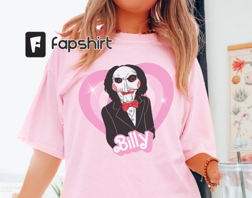 Billy doll tshirt, horror movie doll tshirt, funny Halloween graphic tee, pink spooky shirt, retro aesthetic, scary characters, saw jigsaw