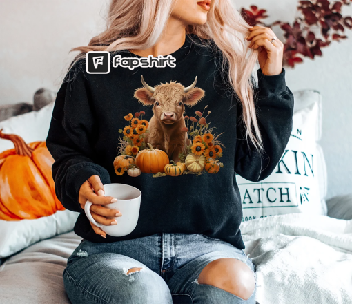 Fall Cow Pumpkin Sweatshirt, Cute Highland Cow Shirt, Autumn Sweater, Cow Sweatshirt, Fall Sweater, Fall Gifts, Pumpkin Season Cow Crewneck