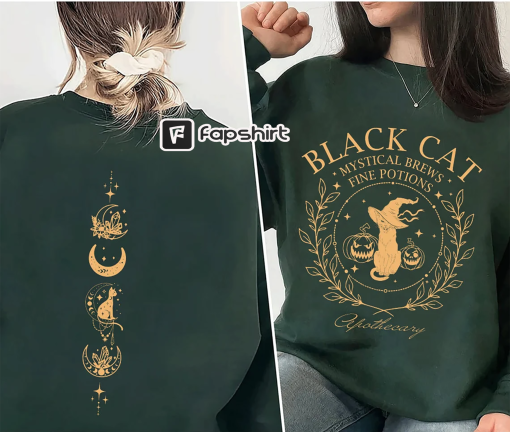 Retro Black Cat Salem Apothecary Shirt, Halloween Black Cat Shirt, Salem Witch Trials Massachusetts Halloween Sweatshirt,Women Witches Shirt