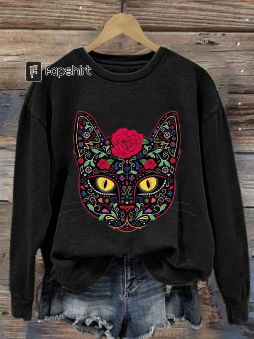 Retro Day of the Dead Cat Sugar Skull Print Sweatshirt, Sugar Skull Cat, Day of the Dead Shirt, Halloween Cat Shirt, Cat Flower Skull