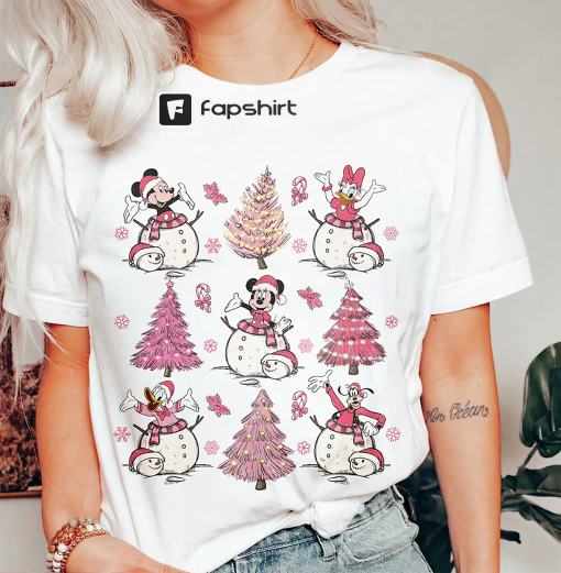 Vintage Disney Pink Christmas Tree Shirt, Retro Mickey And Friends Pink Christmas Shirt, Cute Christmas Shirt, Merry Christmas Shirt