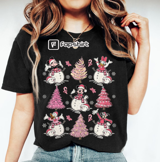 Vintage Disney Pink Christmas Tree Shirt, Retro Mickey And Friends Pink Christmas Shirt, Cute Christmas Shirt, Merry Christmas Shirt