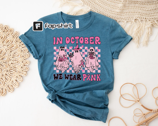 In October We Wear Pink Shirt, Halloween Ghost Shirt, Pink Ribbon Shirt, Breast Cancer Awareness Shirt, Retro Halloween T-Shirt, Pumpkin Tee