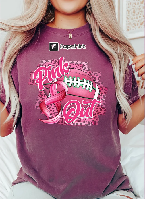 Pink Out T-Shirt, Cancer Warrior Girls Shirt, Football Ribbon, Breast Cancer Shirt, Leopard Pink Out Football Tackle Shirt