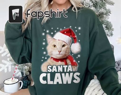 Santa Claws Cat Ugly Christmas Sweatshirt, Xmas Santa Hat Shirt, Cat Lover Shirt, Cat Mom Shirt, Christmas Gift