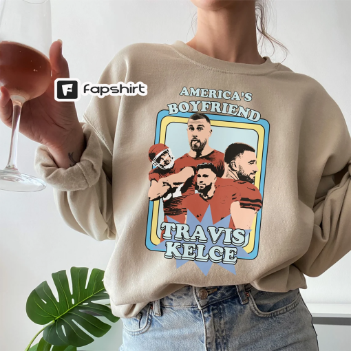 Retro America’s Boyfriend Travis Kelce Sweatshirt, Oversized Football Crewneck, Unisex Kansas City Sweatshirt, Gift for Wife or Girlfriend