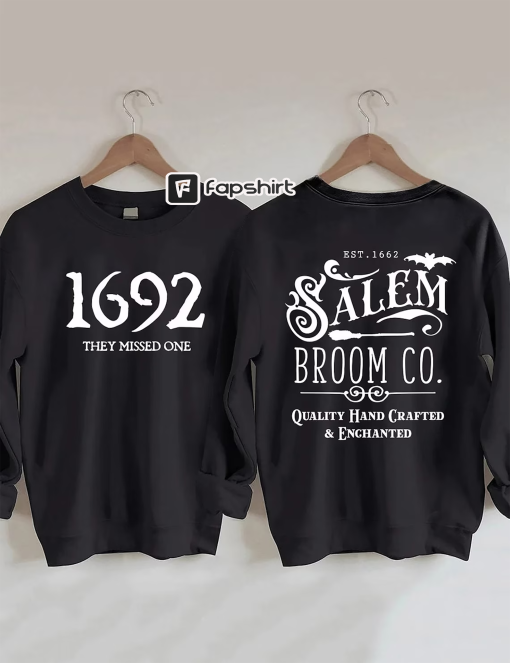 Salem Broom Co Halloween Sweatshirt,Women’s Salem Broom Co Quality Handcrafted Enchanted Est 1692 Round Neck Long Sleeve Sweatshirt