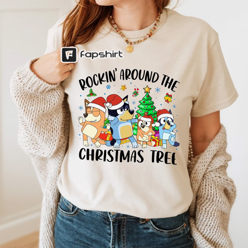 Bluey Family Merry Christmas 2023 Tee | Bluey Rockin’ Around The Christmas Tree | Merry Christmas | Christmas Bluey Bingo | Bluey Kids Shirt