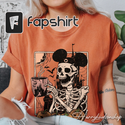 Vintage Skeleton Drinking Coffee Comfort Colors Shirt, Disney Halloween Shirt, Skeleton Mickey Ears Shirt, Halloween Shirt, Disney Shirts