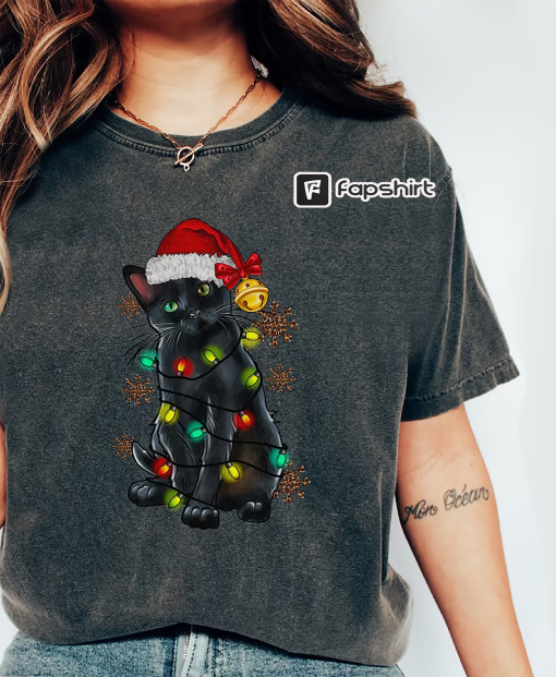 Cat Christmas Shirt, Comfort Colors® Tshirt Women, Christmas Lights Holiday Sweater, Funny Christmas Shirts for Women