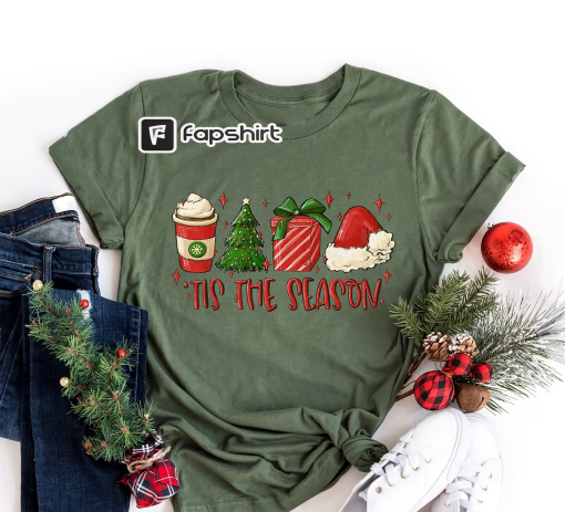 Tis the Season Christmas Sweatshirt, Christmas Coffee Shirt, Funny Christmas Crewneck Festive Holiday Tshirt Retro Christmas Sweater