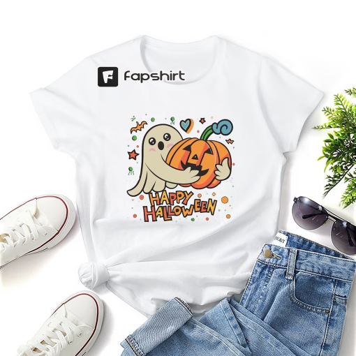 Cute Ghost and Halloween Pumpkin Print T-Shirt,Happy Halloween T-Shirt,Halloween Party Costumes,Cotton T-shirts,Customized Halloween T-shirt