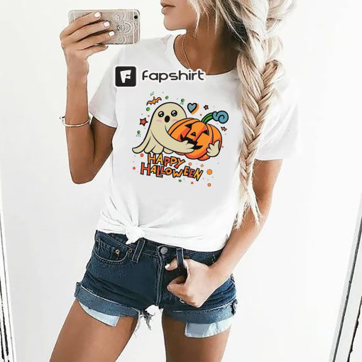 Cute Ghost and Halloween Pumpkin Print T-Shirt,Happy Halloween T-Shirt,Halloween Party Costumes,Cotton T-shirts,Customized Halloween T-shirt