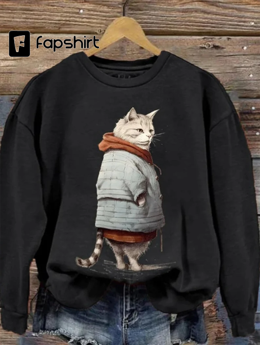 Winter Funny Cute Wonderland Clothing Cat Printed Sweatshirt, Fat Gray Cat in Sweater ,Unisex Crewneck Sweatshirt Long Sleeve Shirt