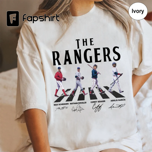 Vintage Rangers Walking Abbey Road Signatures Baseball Shirt, Max Scherzer, Nathan Eovaldi, Corey Seager, Adolis Garcia, Rangers Fan Gift