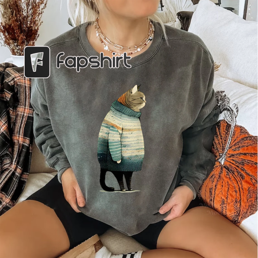 Fat Gray Cat in Sweater / Unisex Crewneck Sweatshirt Long Sleeve T-Shirt / Cotton Polyester / Cat Lover Gift, Pet Lover, Cute, Funny, Trendy