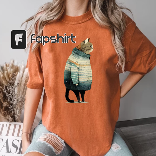 Fat Gray Cat in Sweater / Unisex Crewneck Sweatshirt Long Sleeve T-Shirt / Cotton Polyester / Cat Lover Gift, Pet Lover, Cute, Funny, Trendy