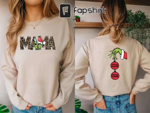 Custom Mama Grinch Sweatshirt, Christmas Kids Names Shirt, Mama gift sweat, Xmas mom pajamas, Mother gift shirt, Mama Christmas gift Tee