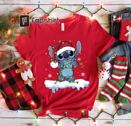 Disney Lilo and Stitch Santa Stitch Christmas Lights Shirt, Disneyland Christmas Holiday Gift, Disney World Tee, Christmas Squad Sweater