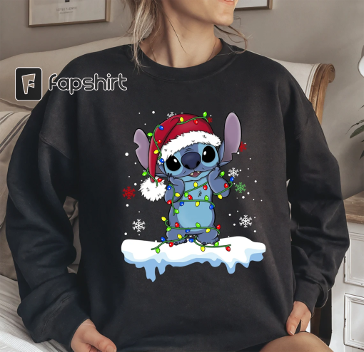 Disney Lilo and Stitch Santa Stitch Christmas Lights Shirt, Disneyland Christmas Holiday Gift, Disney World Tee, Christmas Squad Sweater