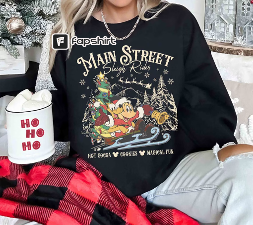 Retro Main Street Sleigh Rides Disney Christmas Shirt, Mickey and Pluto Christmas Shirt, Disney Christmas Shirt, Christmas Family Shirt