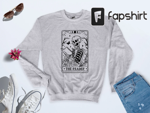 The Reader Tarot Card Sweatshirt, Skeleton Reading Sweatshirt, Book Lover Gift For Women, Book Lover Sweatshirt, Tarot Card Sweatshirt