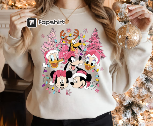 Disney Mickey Mouse And Friends Christmas Pink Tree T-Shirt, Pink Christmas Shirt, Christmas Friends Tee, Pink Christmas Tree Sweater