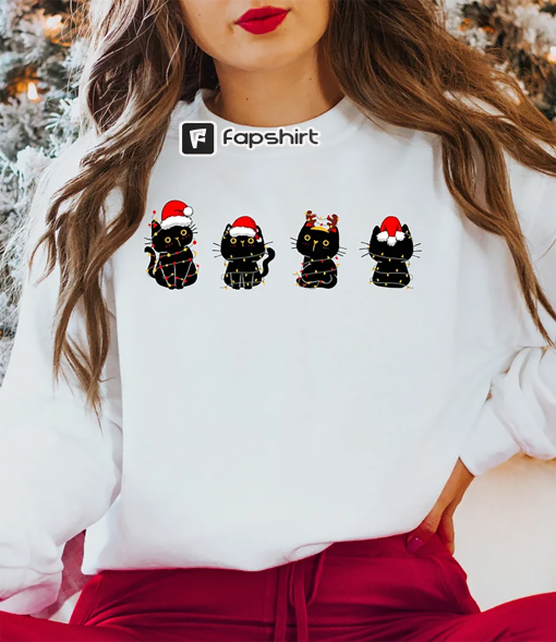 Christmas Black Cat Sweatshirt, Meowy Christmas Shirt, Christmas Lights Cat Sweater, Christmas Gifts for Cat Lovers, Christmas Cat Crewneck