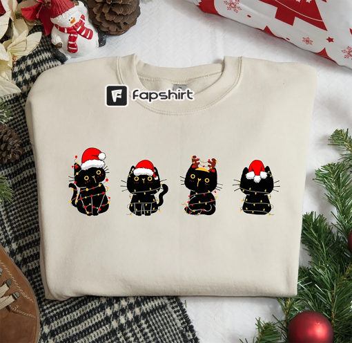 Christmas Black Cat Sweatshirt, Meowy Christmas Shirt, Christmas Lights Cat Sweater, Christmas Gifts for Cat Lovers, Christmas Cat Crewneck