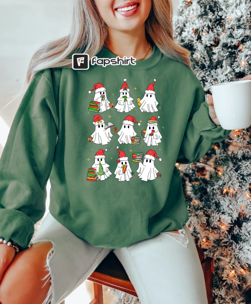 Christmas Ghost Book Sweatshirt, Cute Christmas Ghost Sweater, Christmas Books Shirt, Christmas Gifts for Book Lovers, Ghost Reading Book