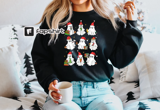 Christmas Ghost Book Sweatshirt, Cute Christmas Ghost Sweater, Christmas Books Shirt, Christmas Gifts for Book Lovers, Ghost Reading Book