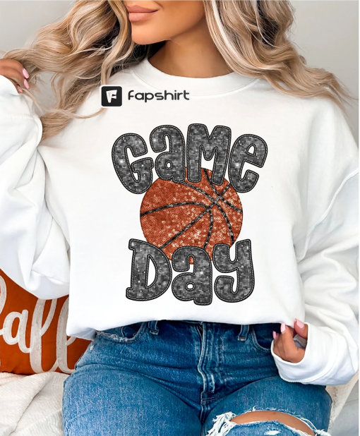 Faux Glitter basketball Sweatshirt, Game day basketball Sweatshirt, faux embroidery basketball shirt, Sparkly basketball shirt