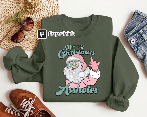 Merry Christmas Assholes Santa Sweater, Dirty Humor Christmas Sweatshirt, Inappropriate Xmas Crewneck, Gift for Ugly Christmas Sweater Party