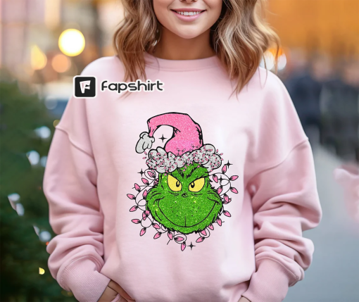 Merry Grinchmas Shirt, Grinch Christmas Shirt, Sparkly Glitter Christmas Lights Pink Grinch, Christmas Glitter Bling, Grinch Glitter