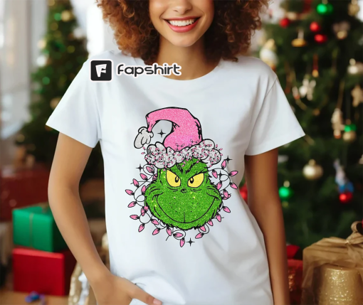 Merry Grinchmas Shirt, Grinch Christmas Shirt, Sparkly Glitter Christmas Lights Pink Grinch, Christmas Glitter Bling, Grinch Glitter