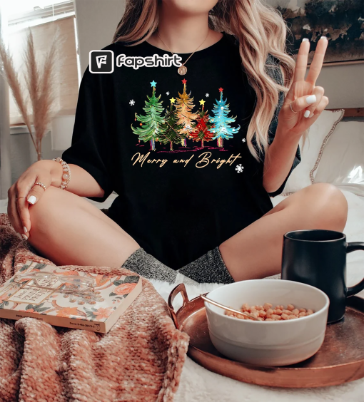 Merry and Bright Trees, Women’s Christmas Shirt, Womans Holiday Shirt,Christmas Gift,Chic Winter Shirt,Cute Holiday Tee,Christmas Tree Shirt