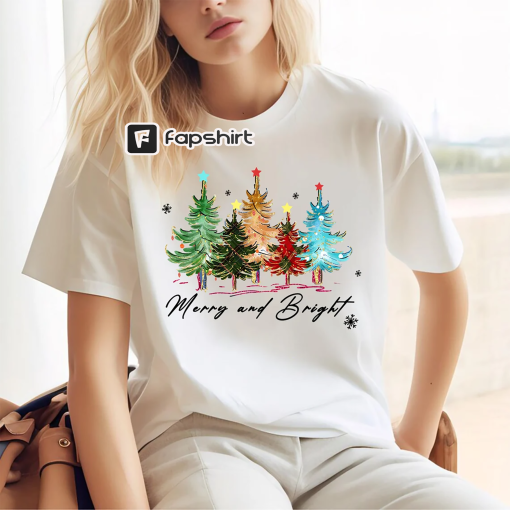 Merry and Bright Trees, Women’s Christmas Shirt, Womans Holiday Shirt,Christmas Gift,Chic Winter Shirt,Cute Holiday Tee,Christmas Tree Shirt