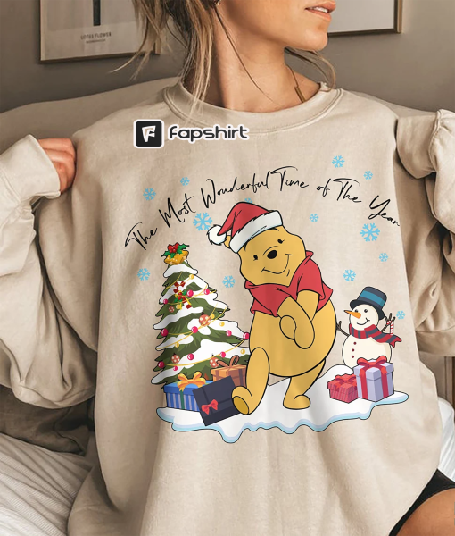 Retro Winnie The Pooh Christmas Sweatshirt, The Most Wonderful Time Of The Year Winnie The Pooh Lights Sweatshirt, Disney Pooh Sweatshirt