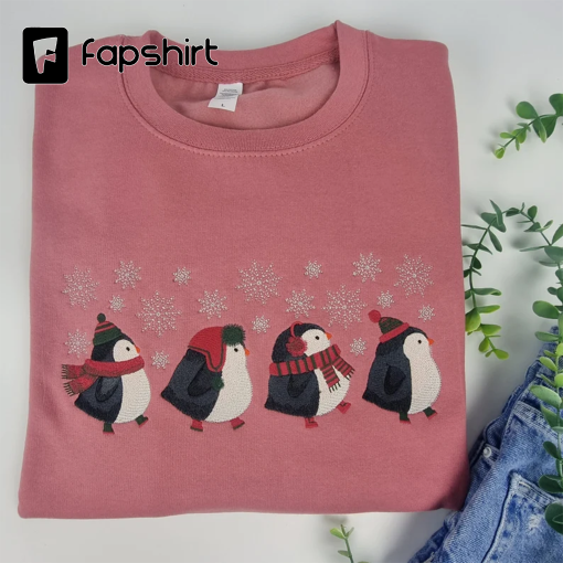 Embroidered Penguins Sweatshirt, Christmas Sweater for Animal Lovers, Penguin Lover Christmas Jumper, Cosy Winter Crewneck