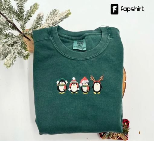 Embroidered Christmas Sweatshirt | Cute Penguins Sweatshirt | Christmas Penguin Sweater | Penguin In Santa Hat | Penguin Christmas Shirt