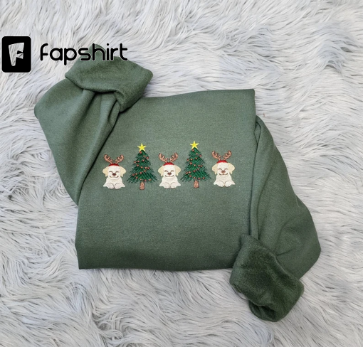 Embroidered Christmas Dogs Sweatshirt, Christmas Happy Dogs with Christmas Tree Embroidered Unisex Sweatshirt or Hooded Sweatshirt