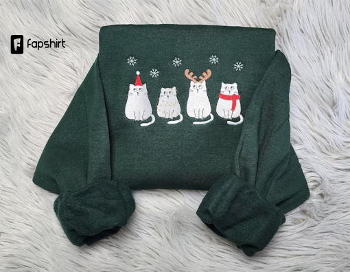 Embroidered Christmas Cats Sweatshirt, Christmas Meowy Happy Cat Embroidered Unisex Sweatshirt or Hooded Sweatshirt